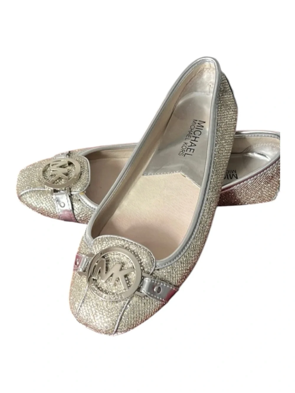 Michael Kors Fulton Moccasin Ballet Flat Silver Metallic Glitter Finish Sz 7M
